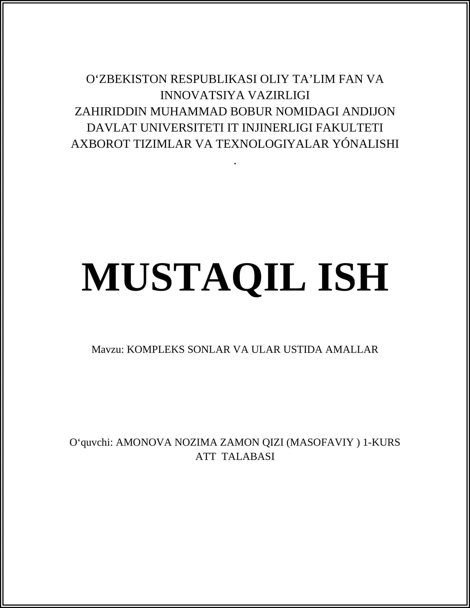 KOMPLEKS SONLAR VA ULAR USTIDA AMALLAR
