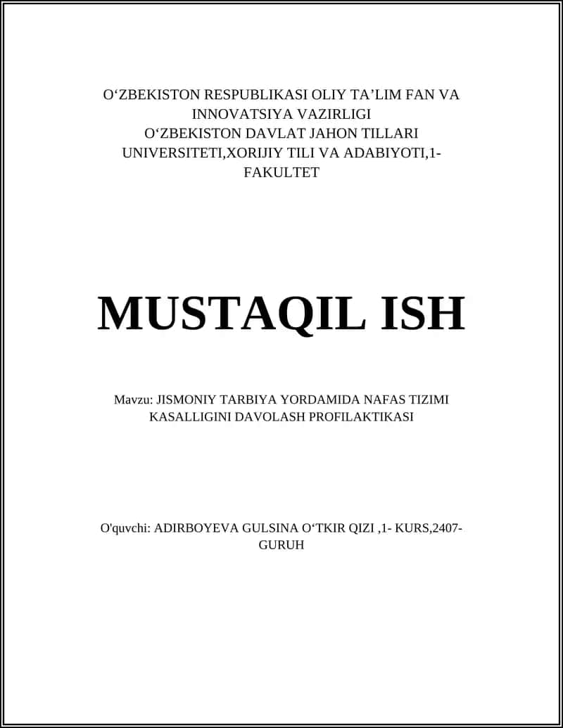 Jismoniy tarbiya yordamida nafas tizimi kasalligini davolash profilaktikasi