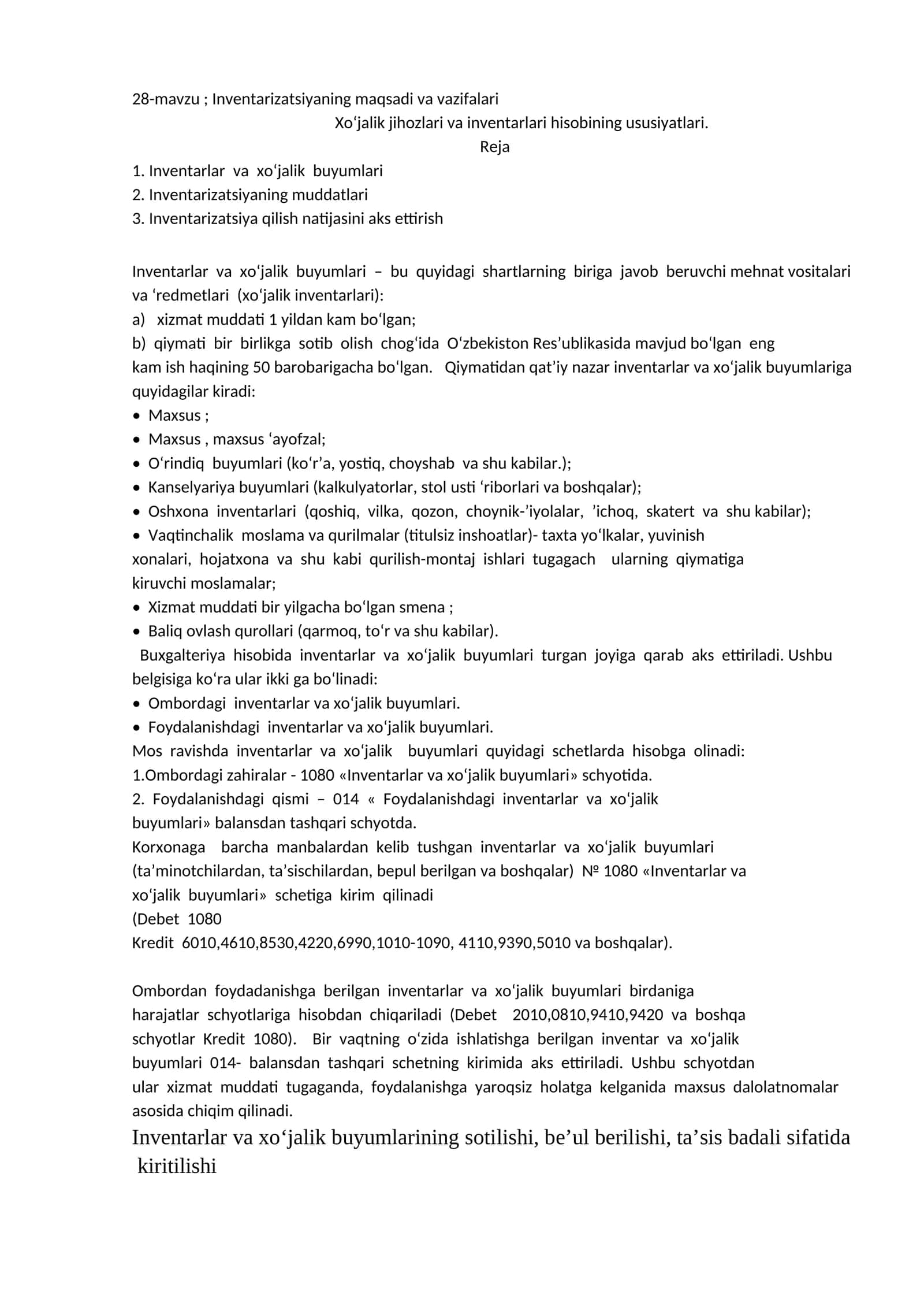 28-mavzu; Inventarizatsiyaning maqsadi va vazifalari