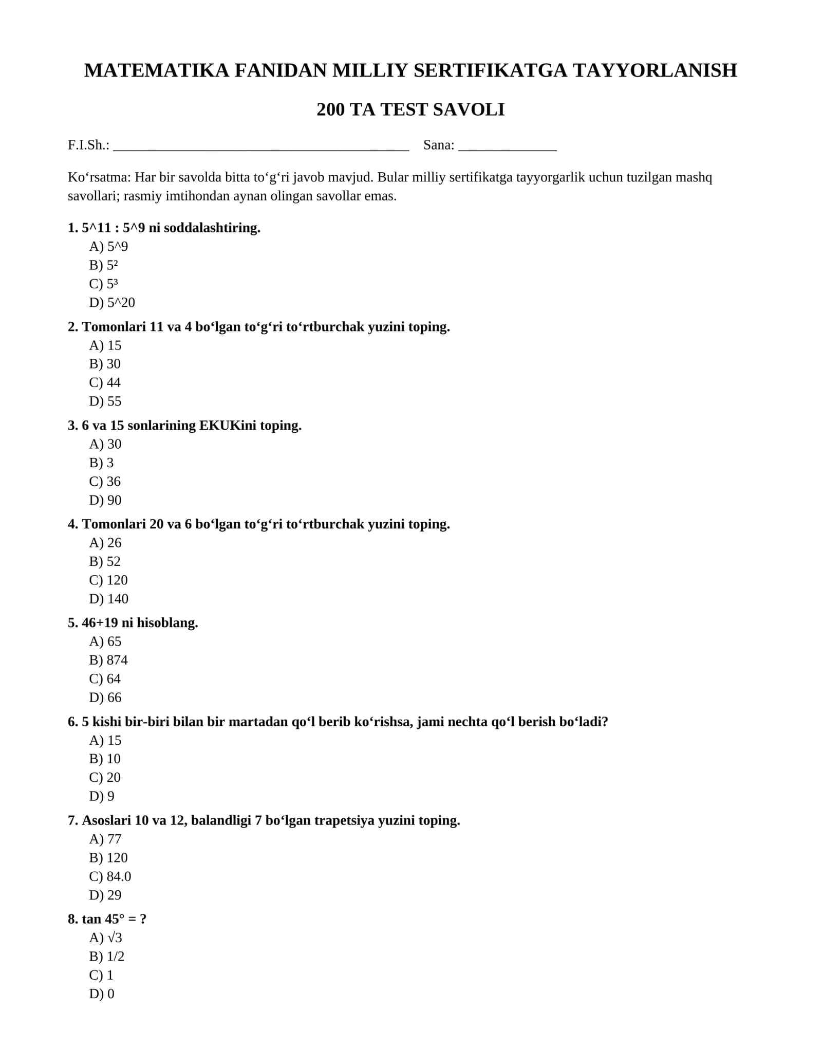 MATEMATIKA FANIDAN MILLIY SERTIFIKATGA TAYYORLANISH