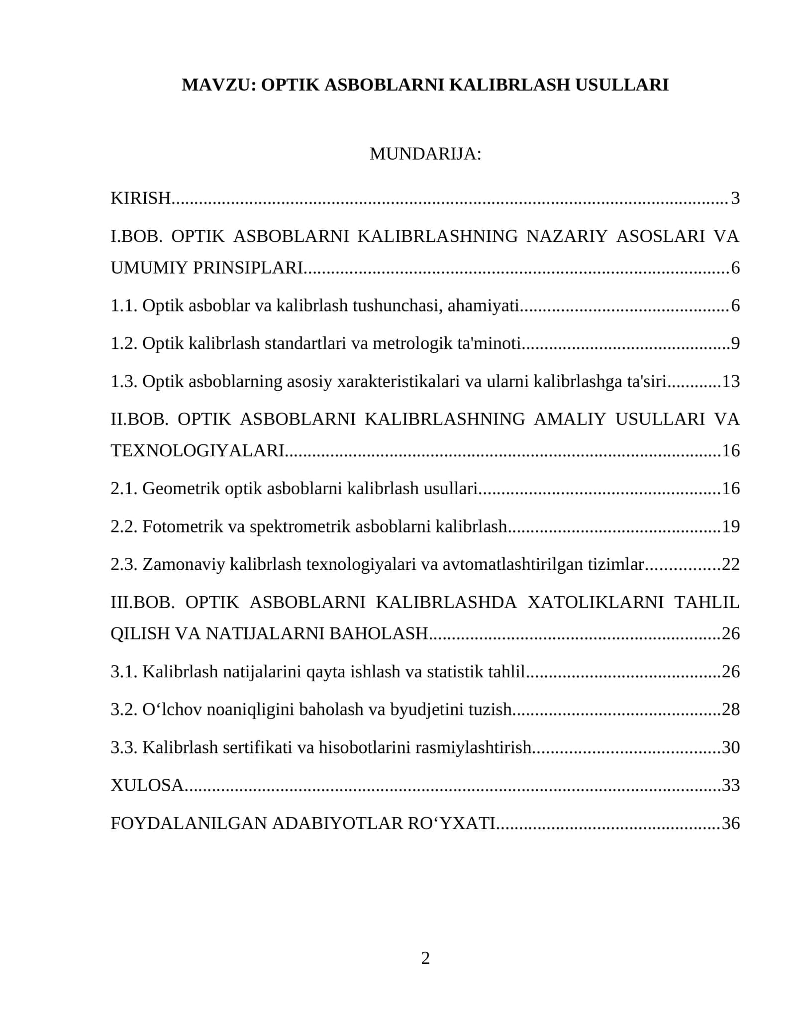 OPTIK ASBOBLARNI KALIBRLASH USULLARI