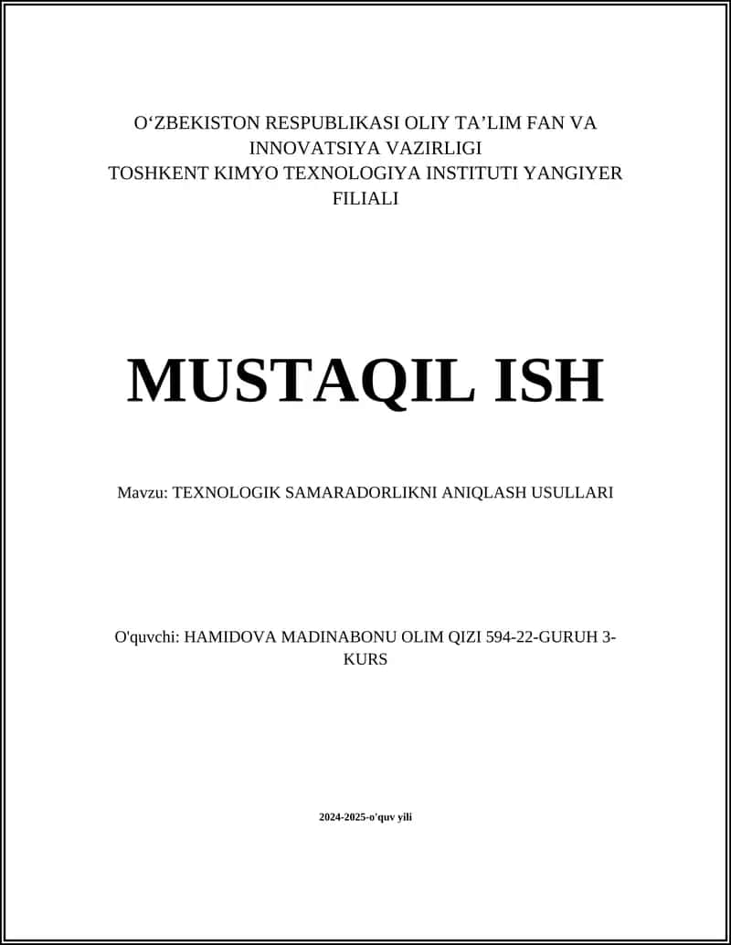 TEXNOLOGIK SAMARADORLIKNI ANIQLASH USULLARI