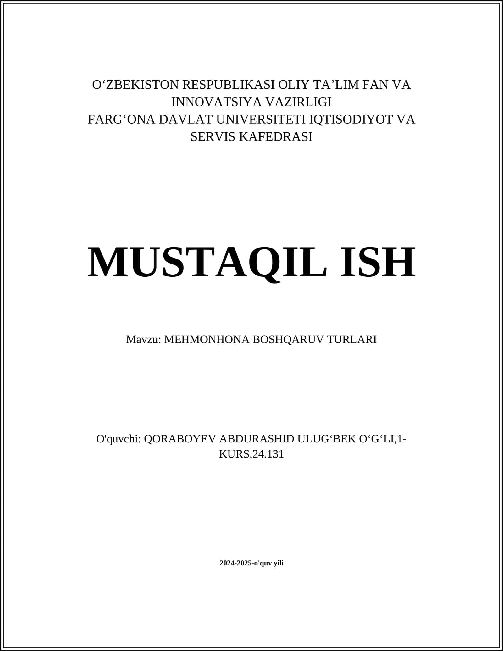 MEHMONHONA BOSHQARUV TURLARI