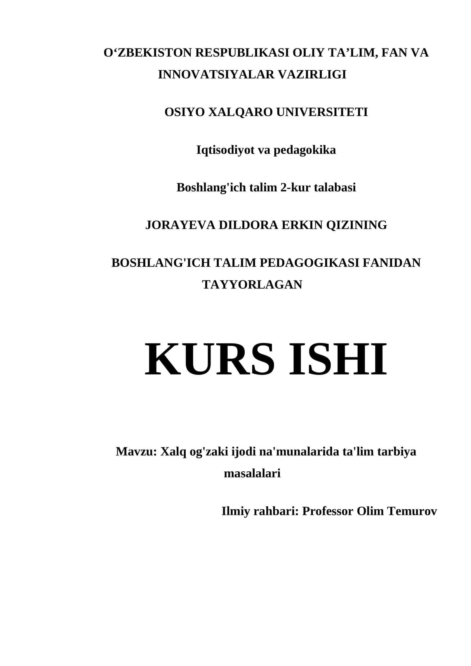 BOSHLANG'ICH TALIM PEDAGOGIKASI FANIDAN TAYYORLAGAN KURS ISHI