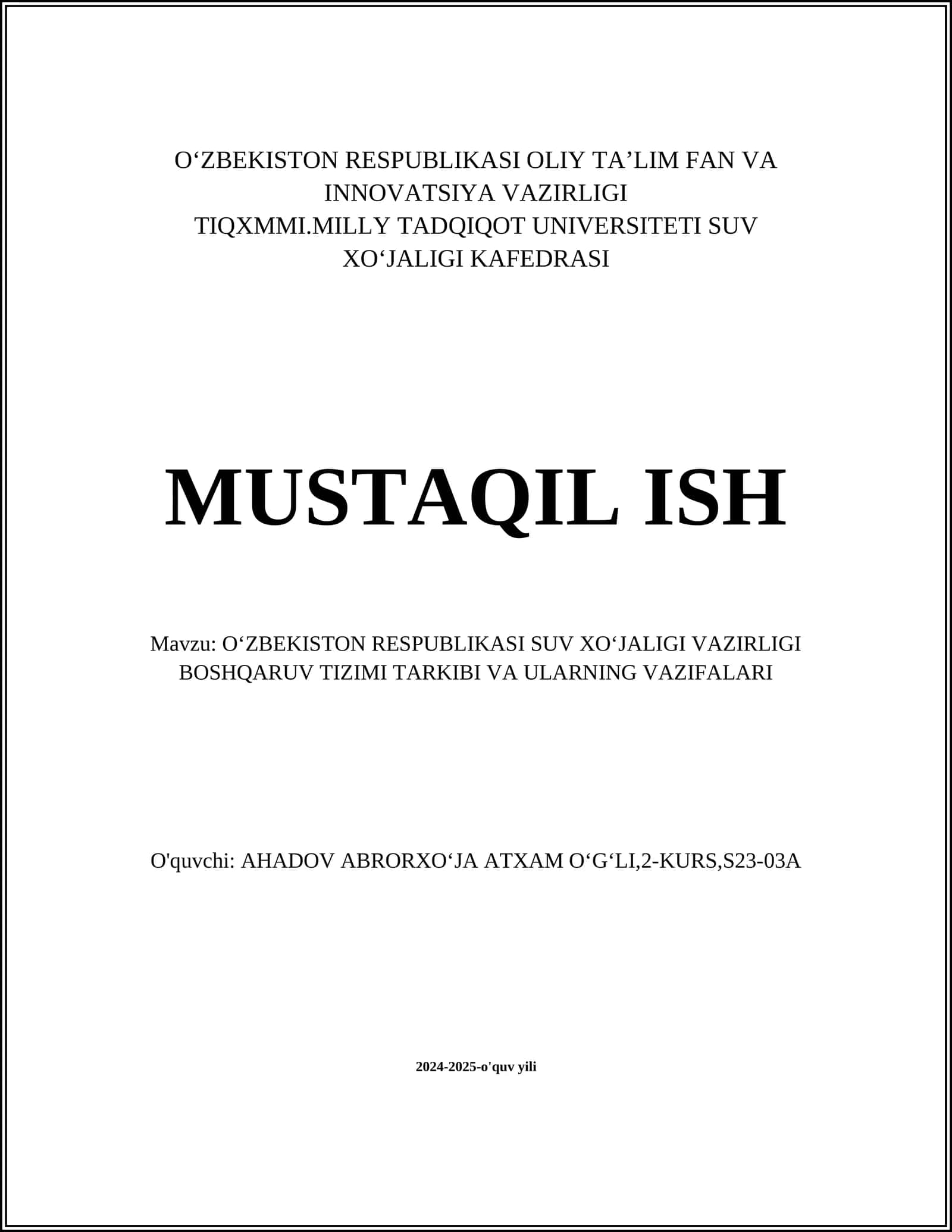 OʻZBEKISTON RESPUBLIKASI SUV XOʻJALIGI VAZIRLIGI BOSHQARUV TIZIMI TARKIBI VA ULARNING VAZIFALARI