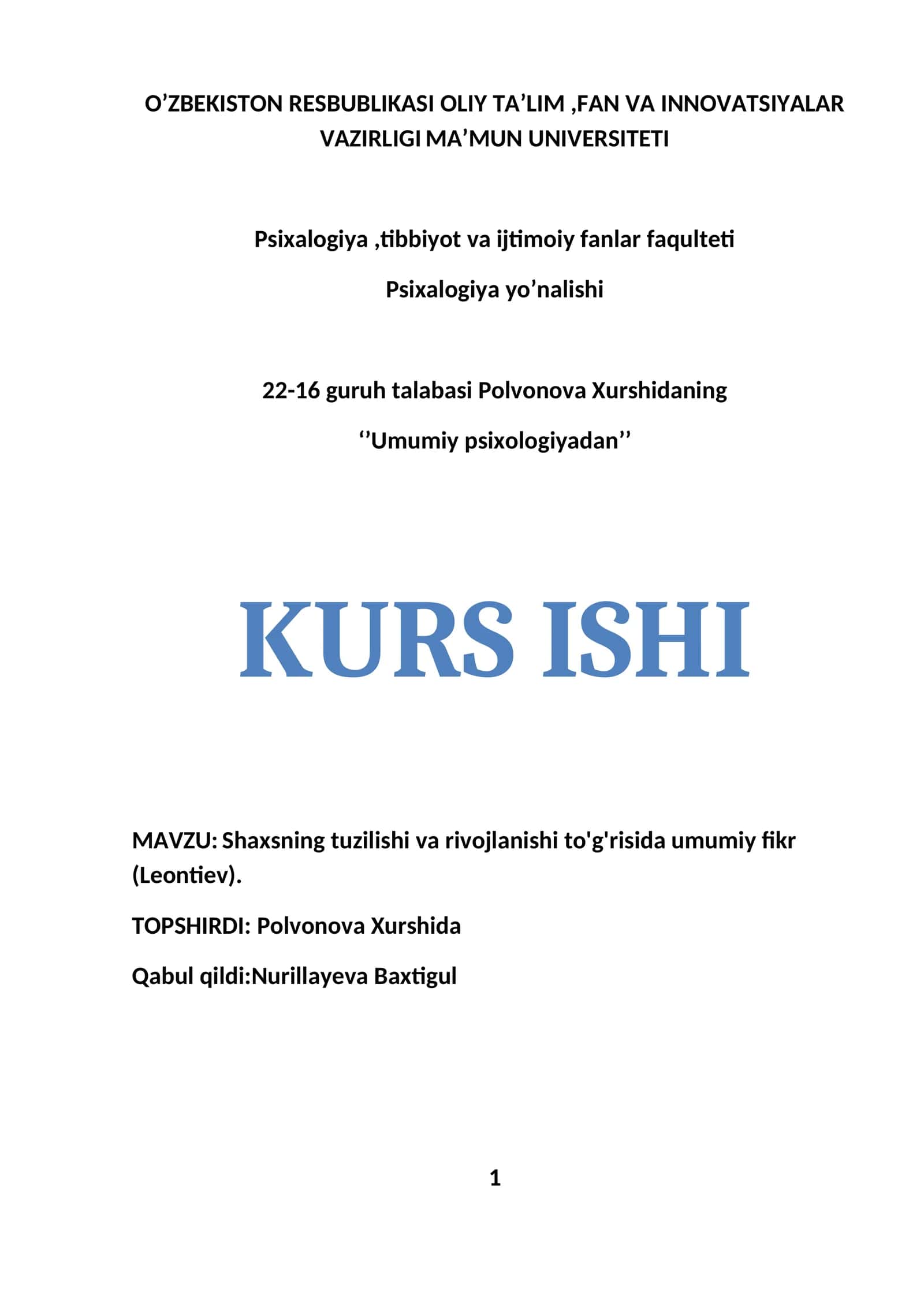 Shaxsning tuzilishi va rivojlanishi to'g'risida umumiy fikr (Leontiev)