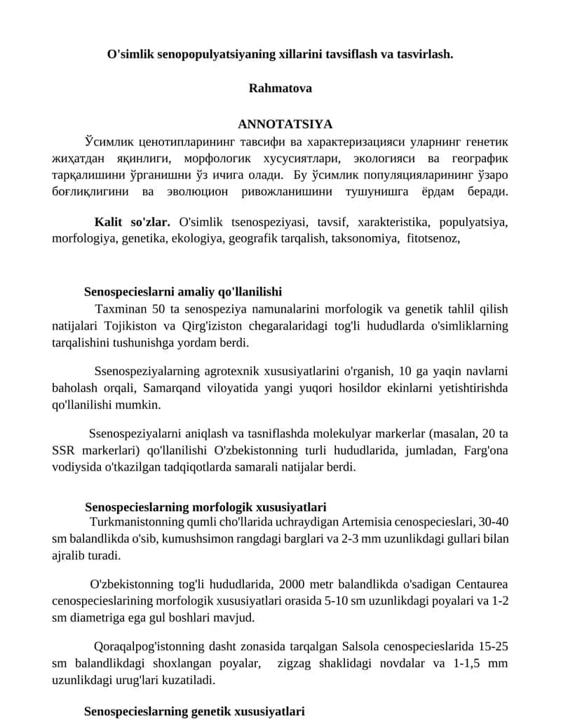 O'simlik senopopulyatsiyaning xillarini tavsiflash va tasvirlash