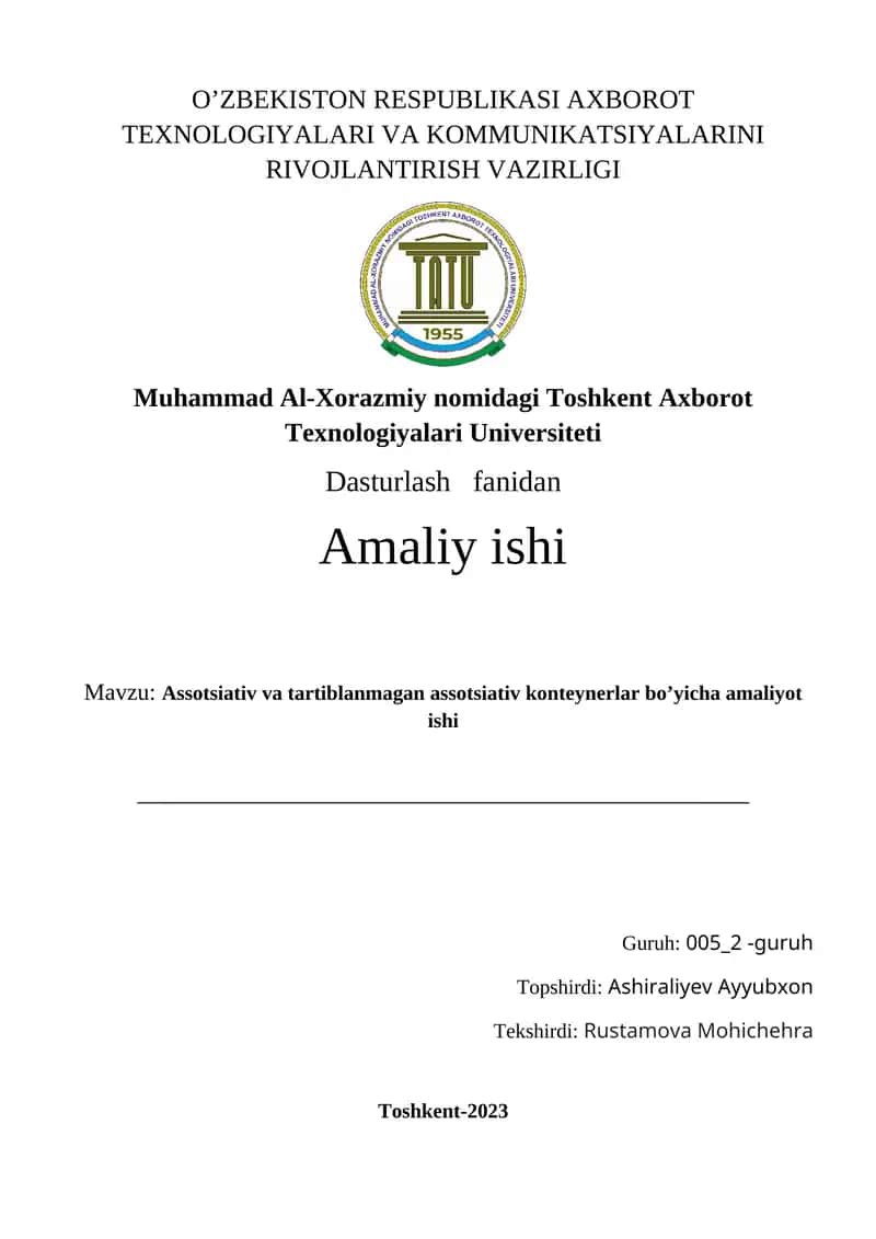 Assotsiativ va tartiblanmagan assotsiativ konteynerlar bo’yicha amaliyot ishi