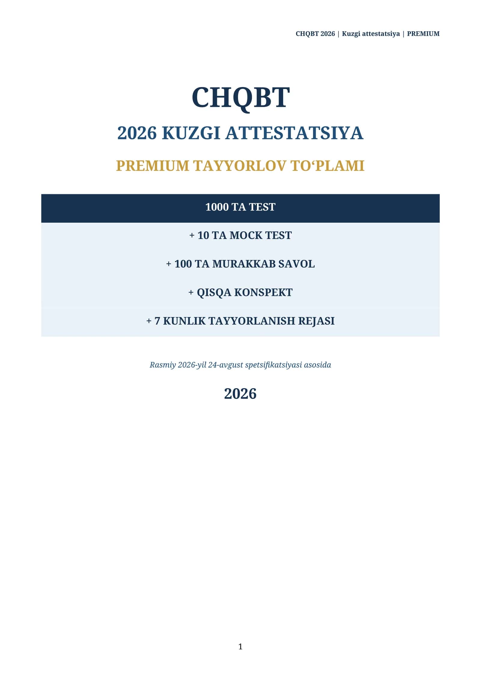 CHQBT 2026 kuzgi attestatsiya | 1000 ta test + 10 ta MOCK test + konspekt