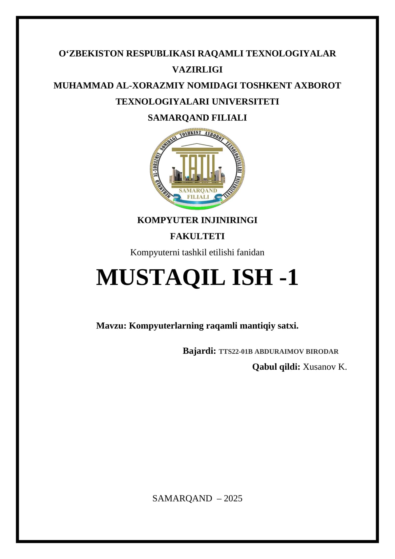 Kompyuterlarning raqamli mantiqiy satxi