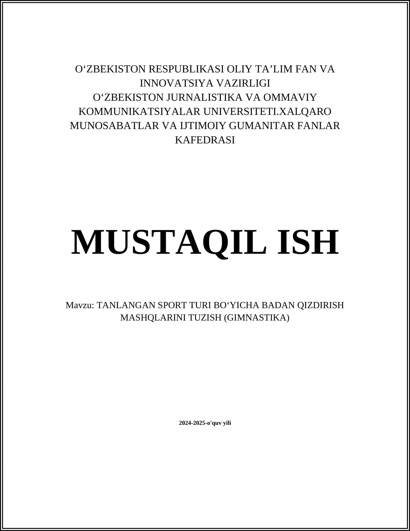 TANLANGAN SPORT TURI BOʻYICHA BADAN QIZDIRISH MASHQLARINI TUZISH (GIMNASTIKA)