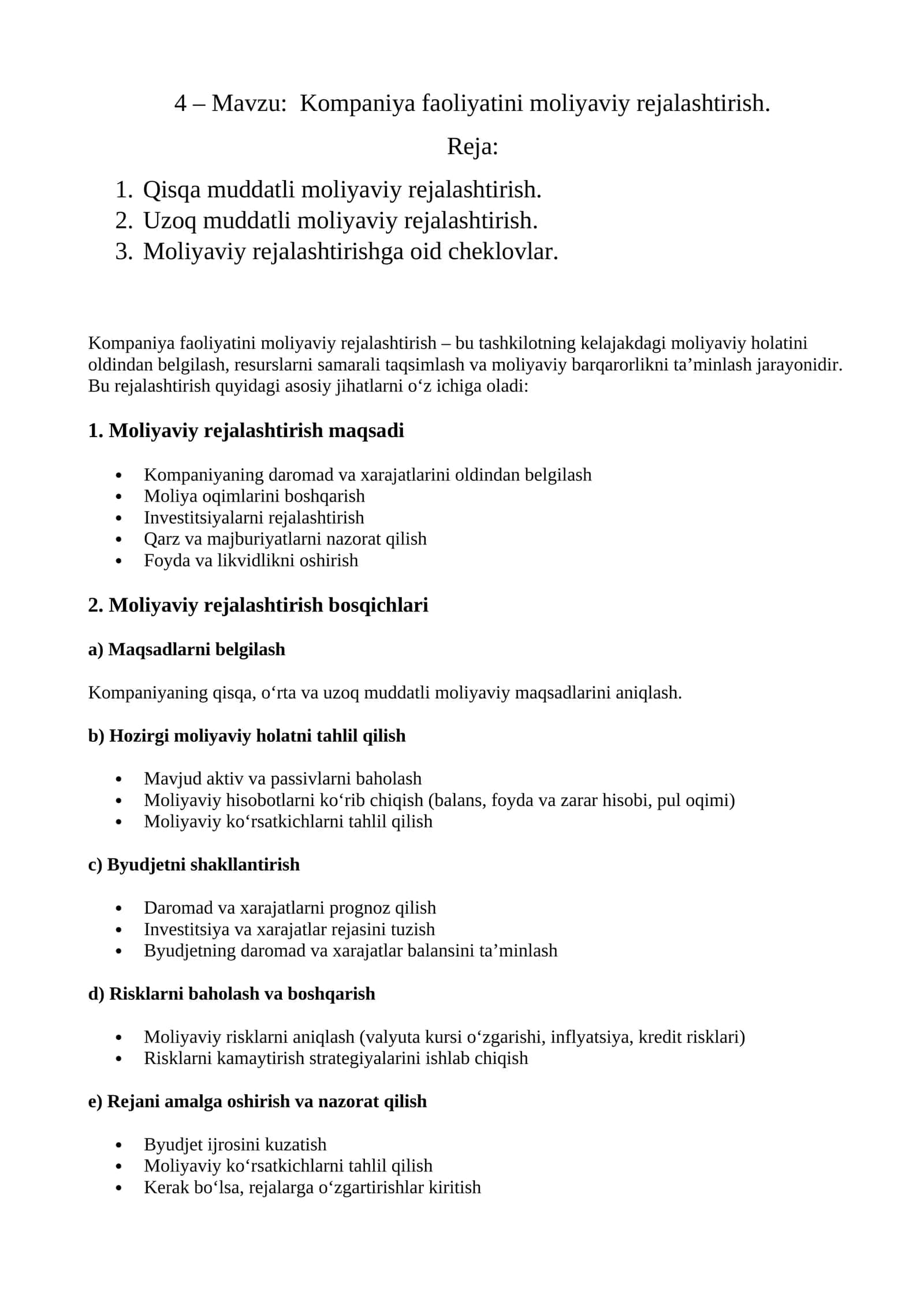 Kompaniya faoliyatini moliyaviy rejalashtirish