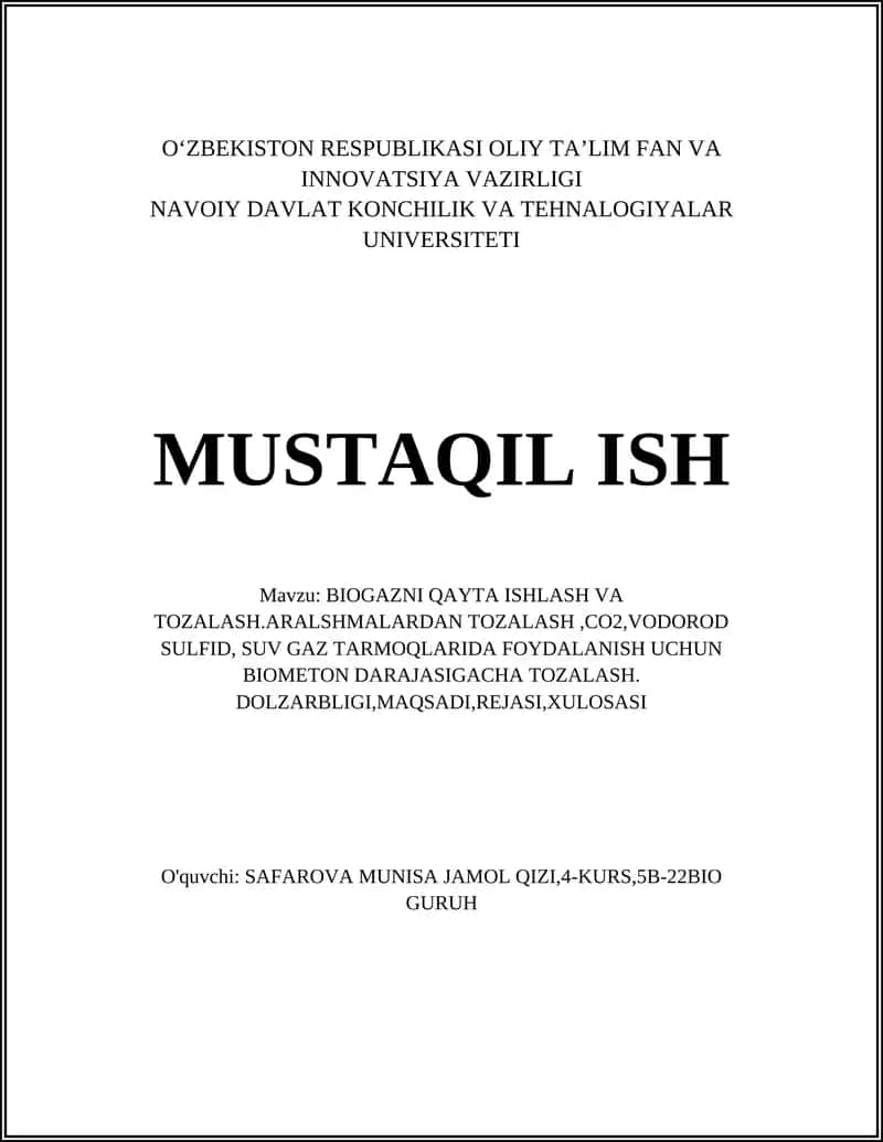 BIOGAZNI QAYTA ISHLASH VA TOZALASH