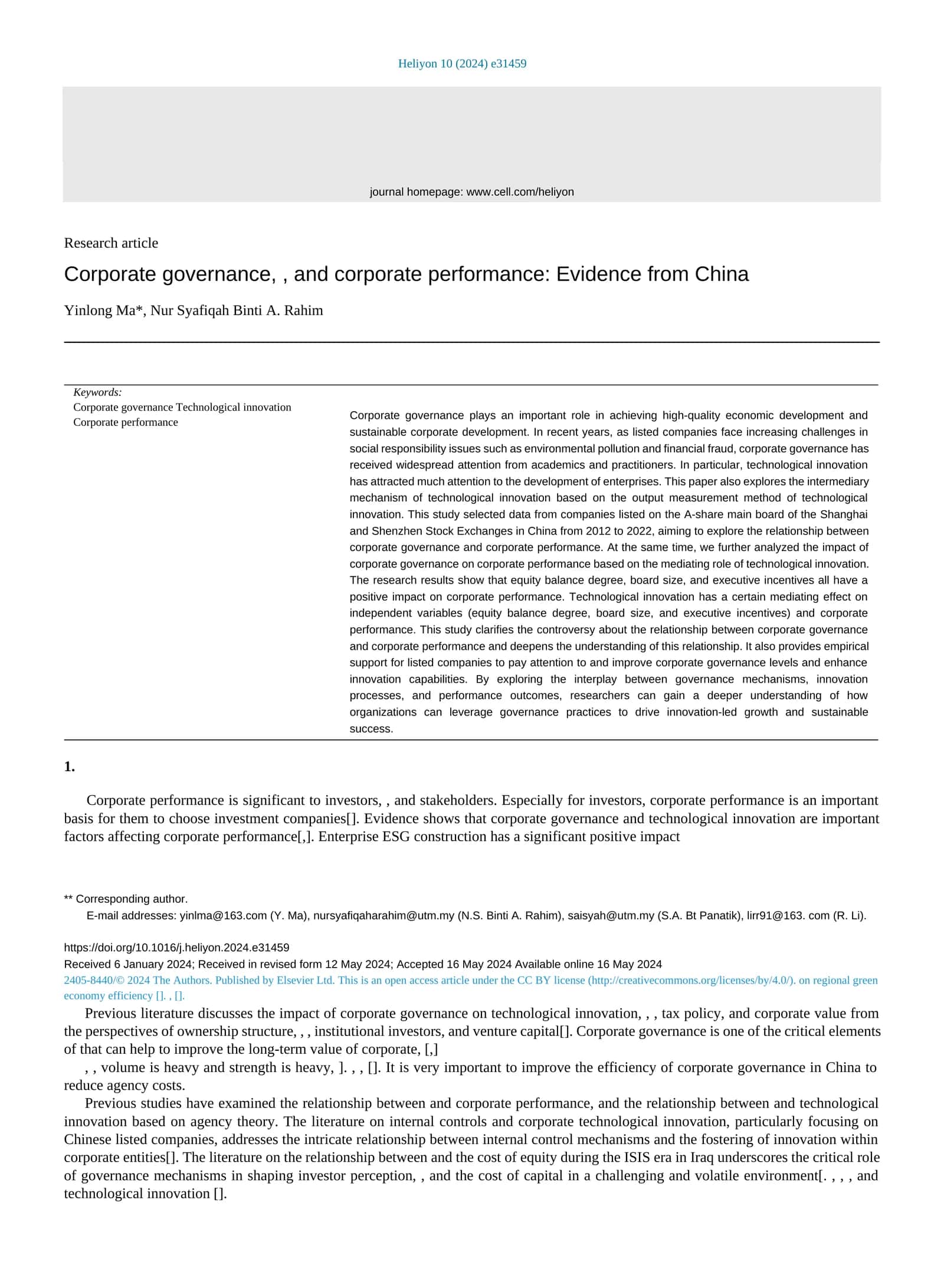Corporate governance and corporate performance: Evidence from China