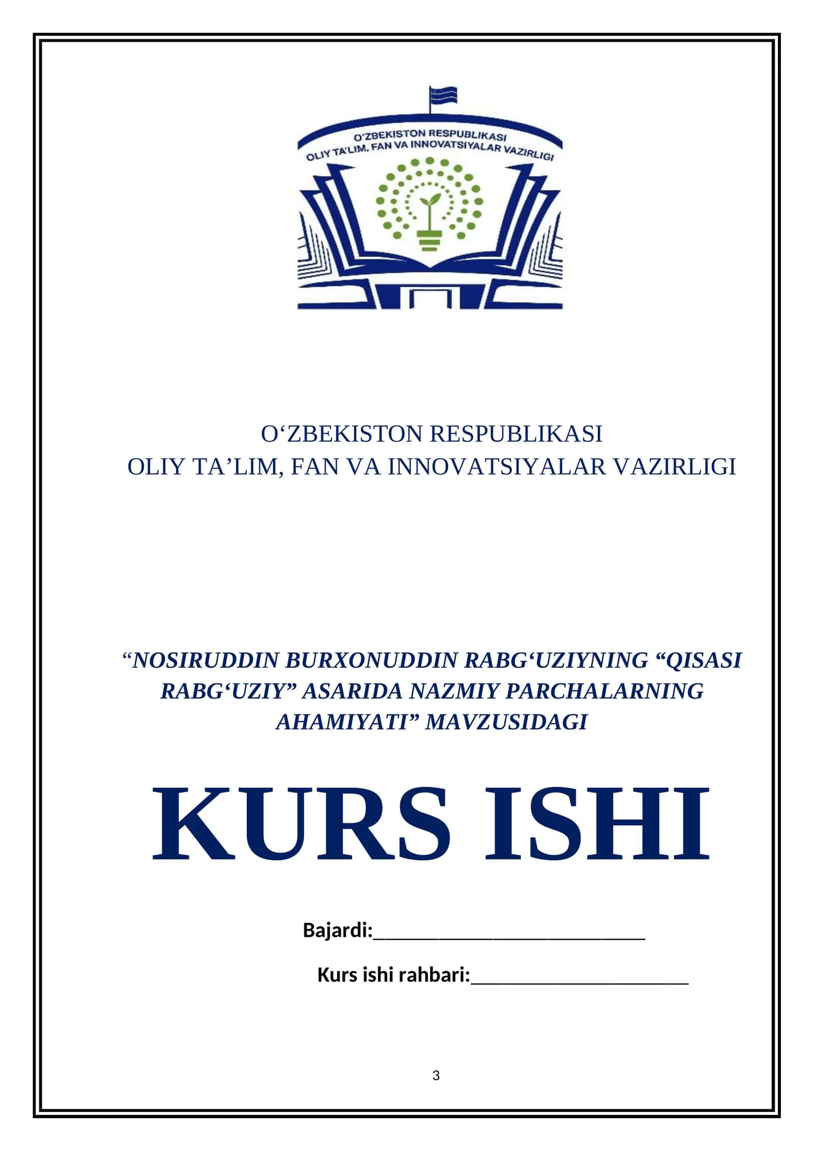 “QISASI RABG‘UZIY” ASARIDA NAZMIY PARCHALARNING AHAMIYATI” MAVZUSIDAGI KURS ISHI