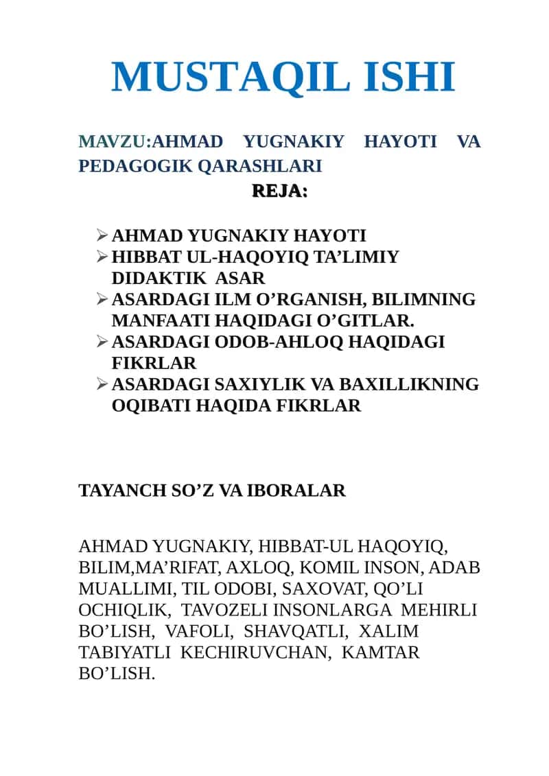 AHMAD YUGNAKIY HAYOTI VA PEDAGOGIK QARASHLARI