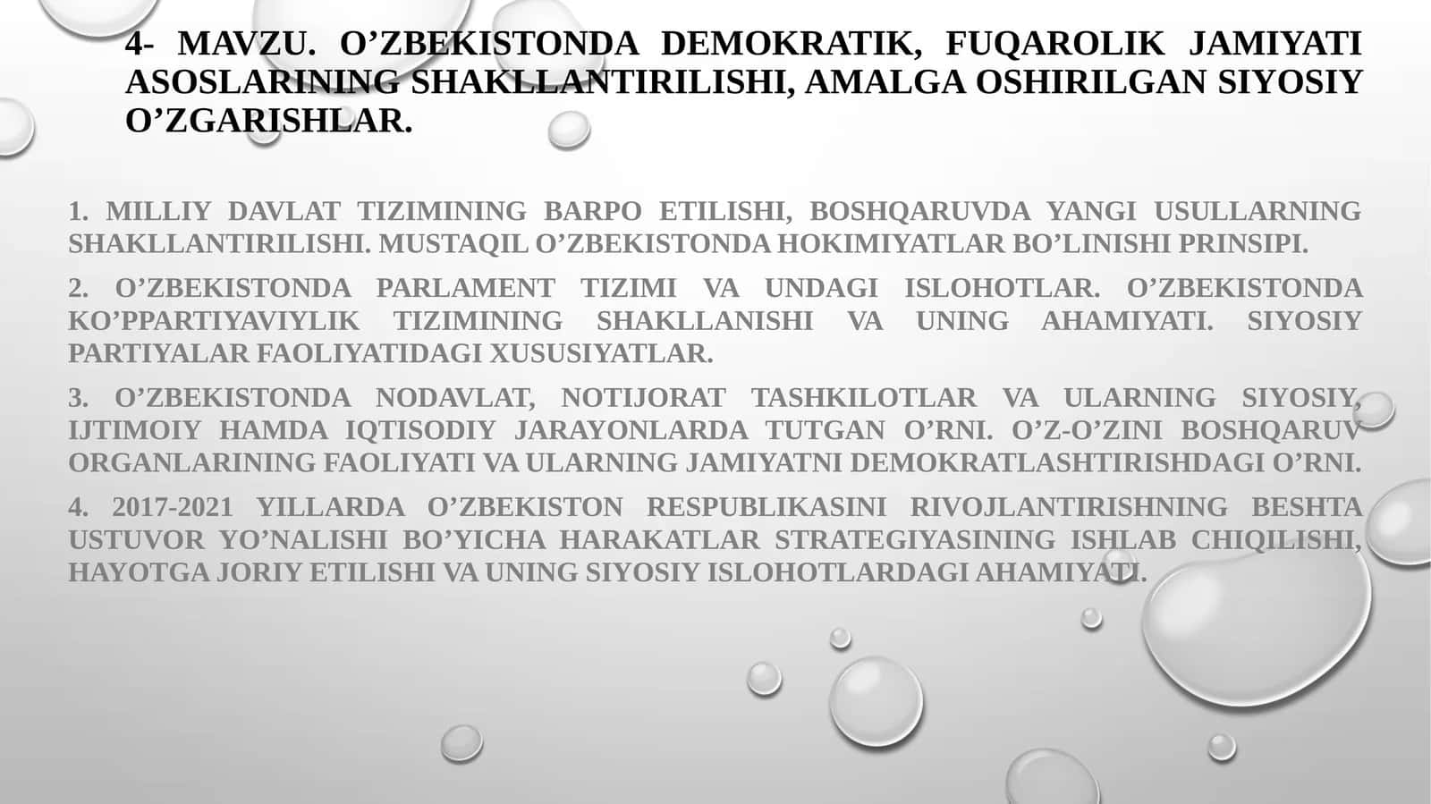 Oʼzbekistondagi demokratik, fuqarolik jamiyati asoslarining shakllantirilishi