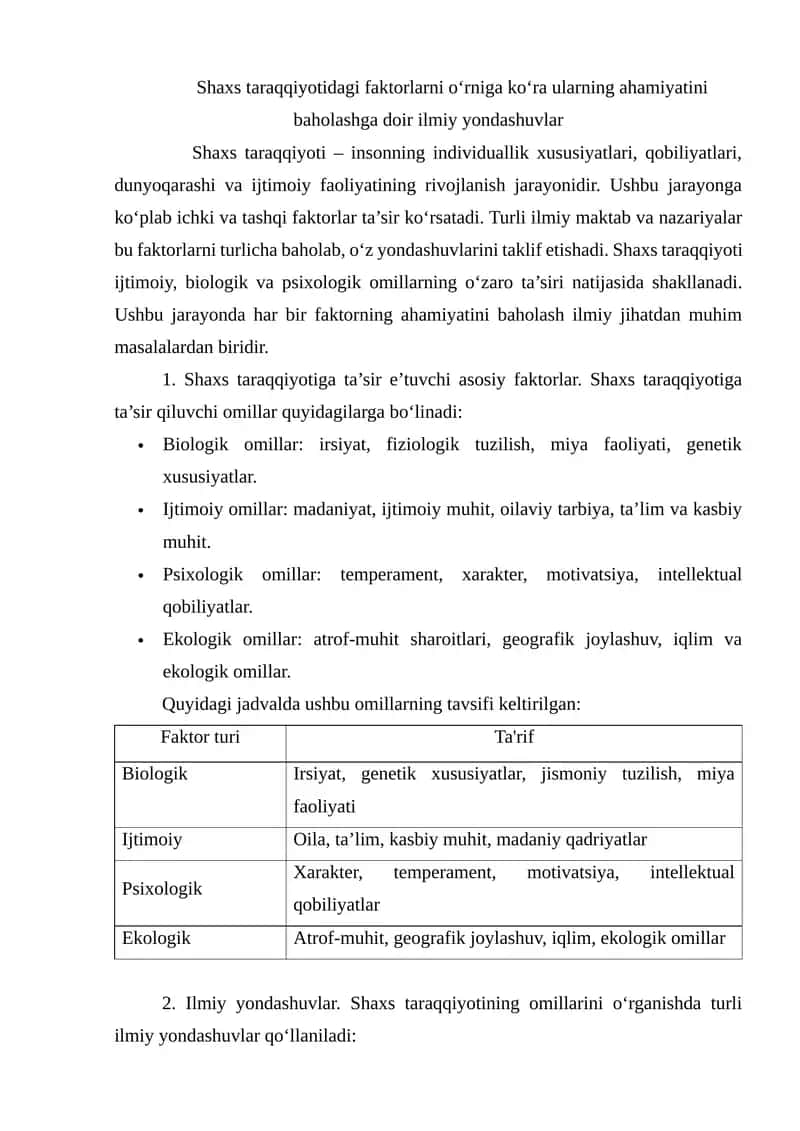 Shaxs taraqqiyotidagi faktorlarni o‘rniga ko‘ra ularning ahamiyatini baholashga doir ilmiy yondashuvlar