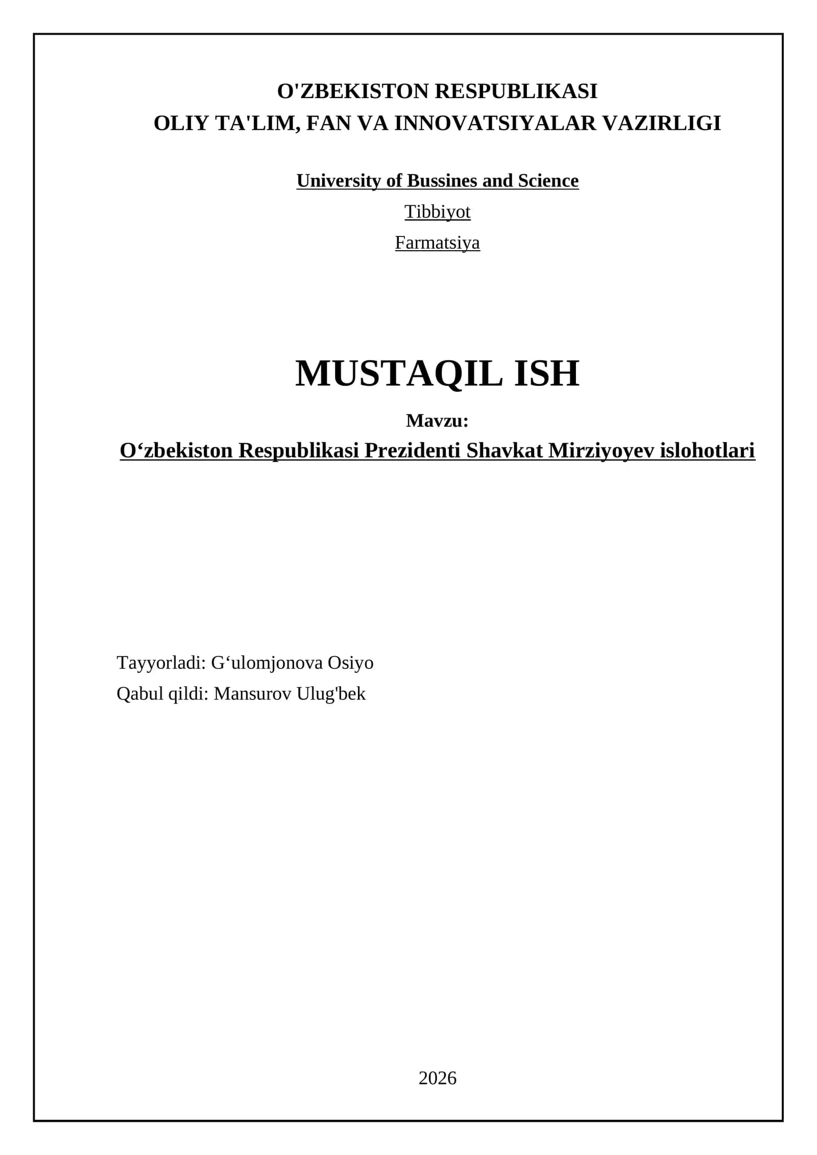 Oʻzbekiston Respublikasi Prezidenti Shavkat Mirziyoyev islohotlari
