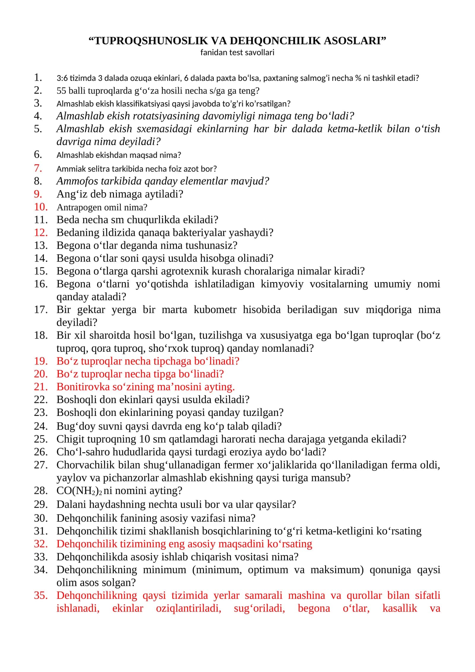 TUPROQSHUNOSLIK VA DEHQONCHILIK ASOSLARI fanidan test savollari