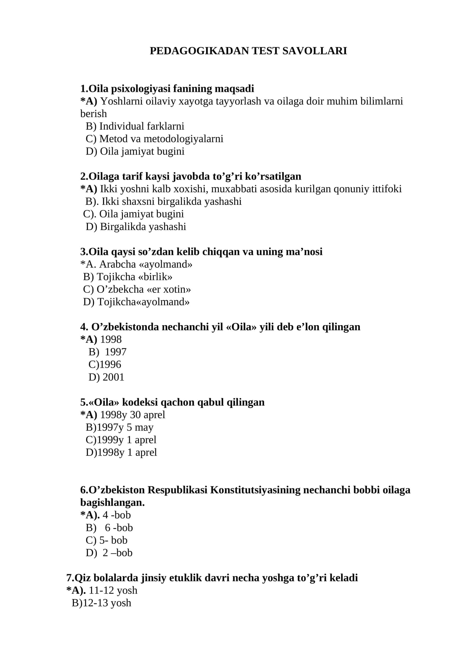 PEDAGOGIKADAN TEST SAVOLLARI