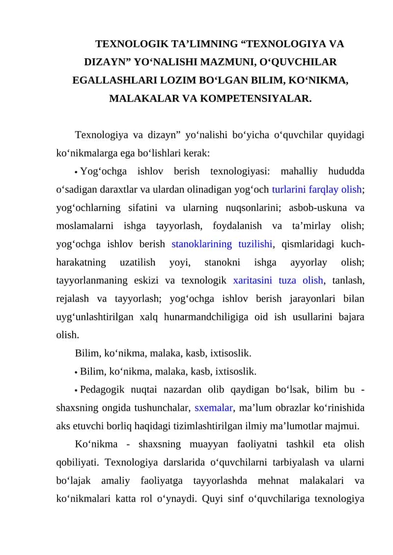 TEXNOLOGIK TA’LIMNING “TEXNOLOGIYA VA DIZAYN” YO‘NALISHI MAZMUNI