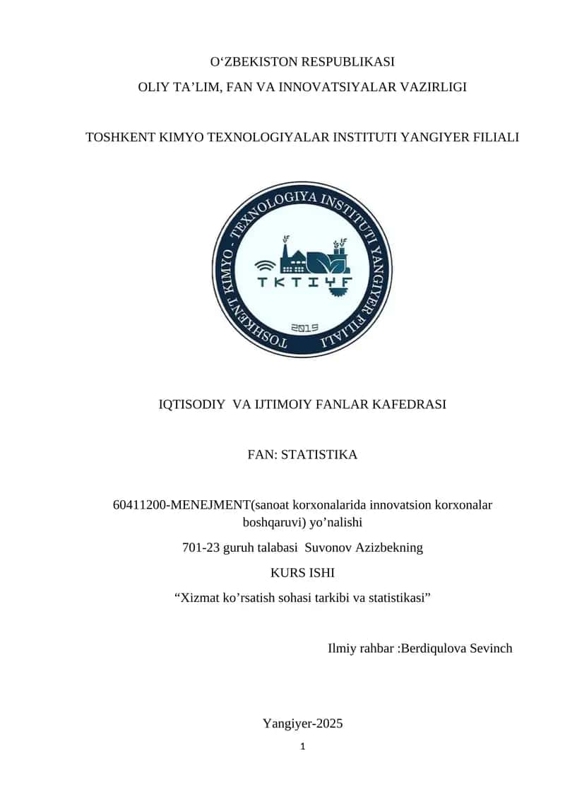 Xizmat ko’rsatish sohasi tarkibi va statistikasi