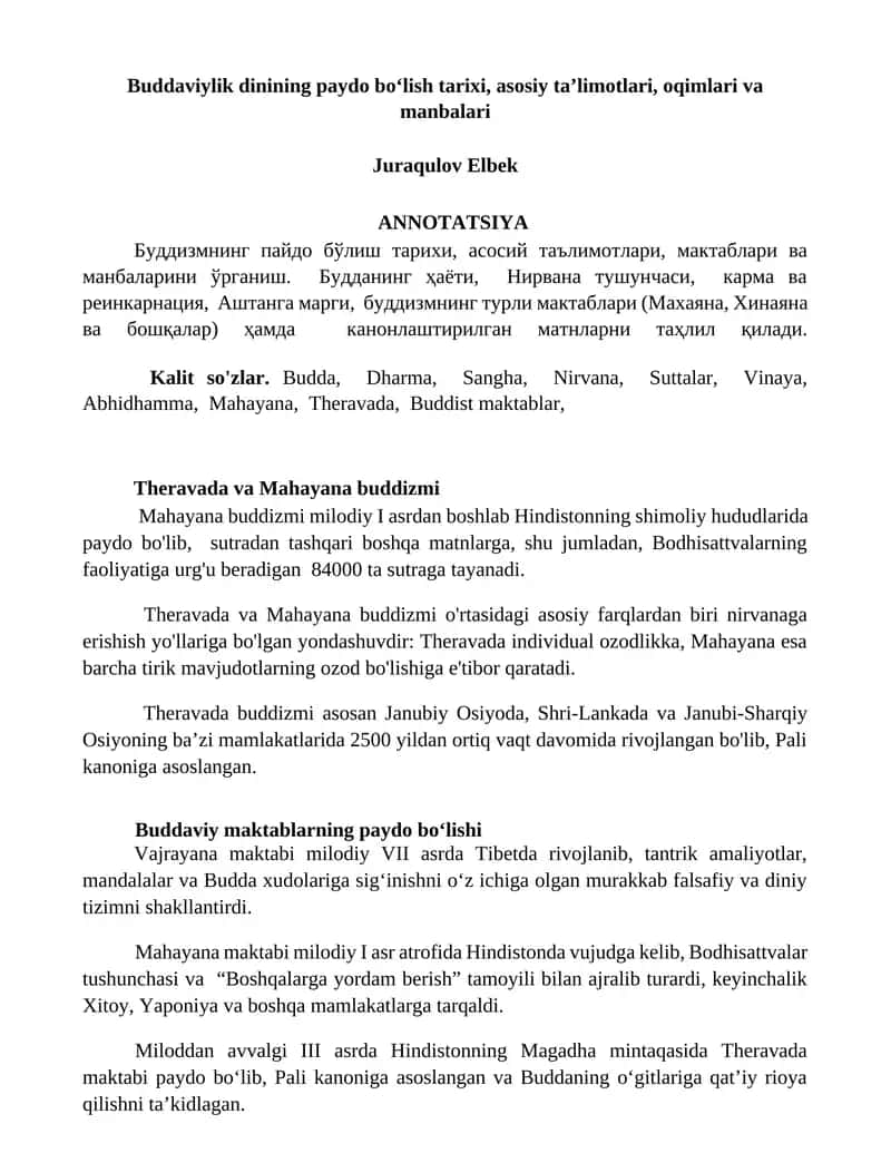 Buddaviylik dinining paydo boʻlish tarixi, asosiy taʼlimotlari, oqimlari va manbalari