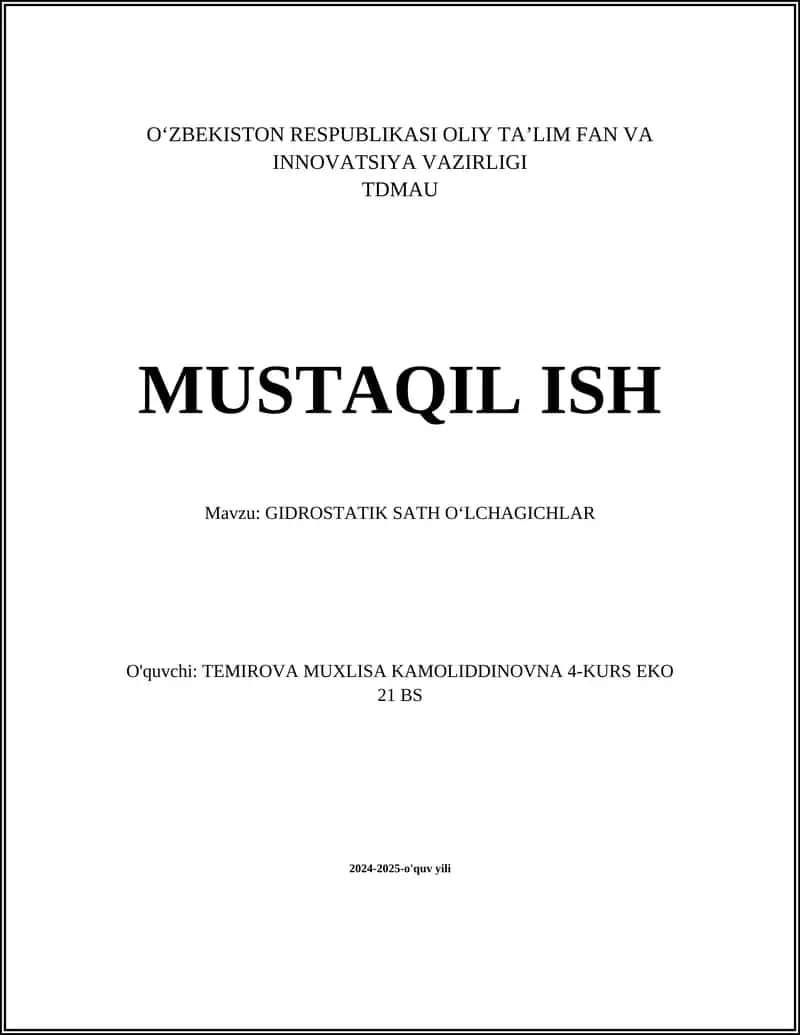 MUSTAQIL ISH Mavzu: GIDROSTATIK SATH OʻLCHAGICHLAR