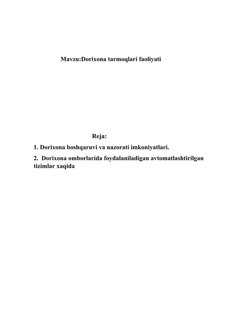 Dorixona tarmoqlari faoliyati