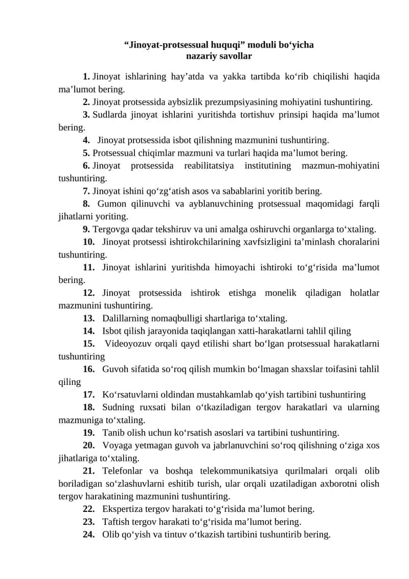 Jinoyat-protsessual huquqi moduli boʻyicha nazariy savollar