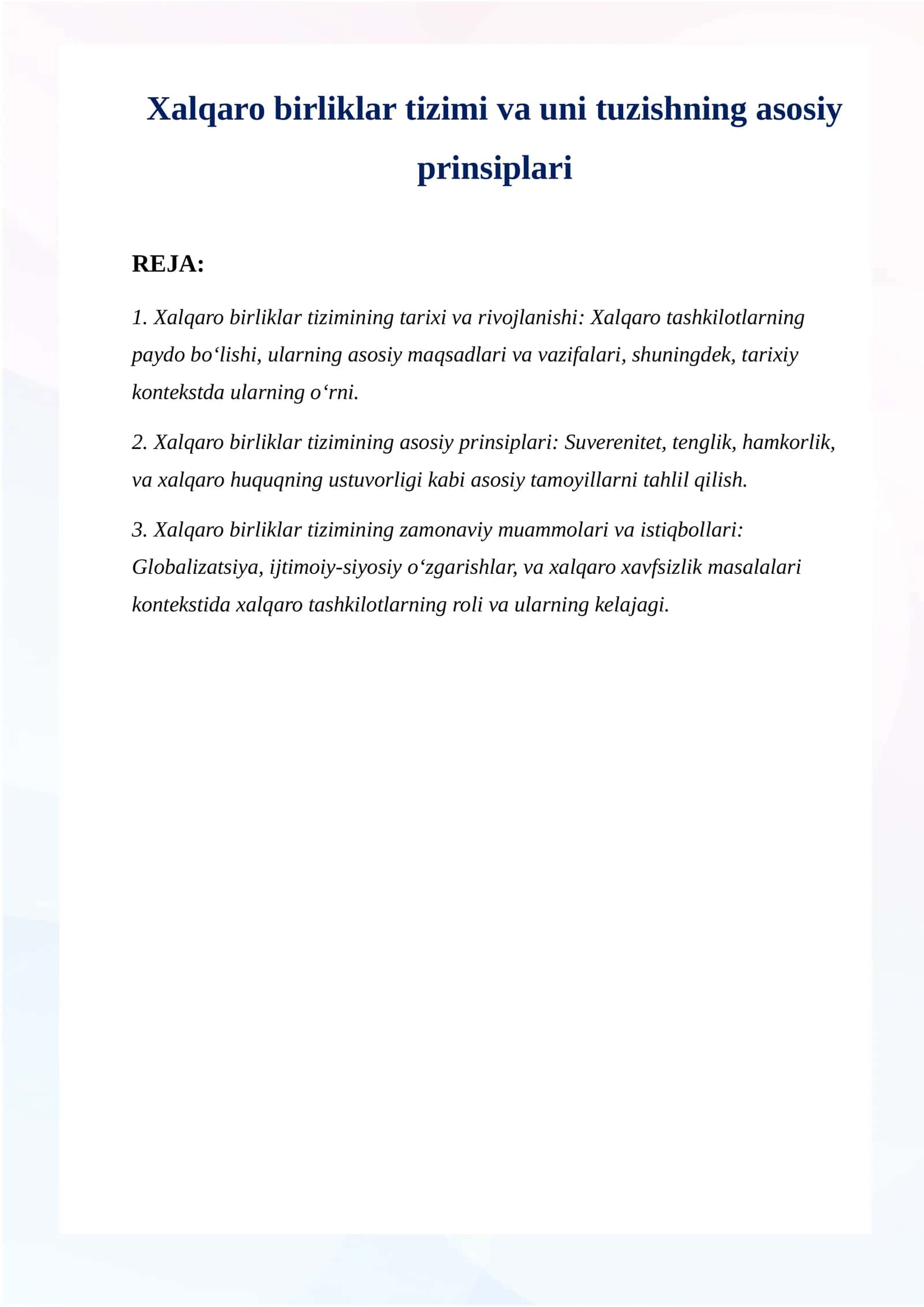 Xalqaro birliklar tizimi va uni tuzishning asosiy prinsiplari