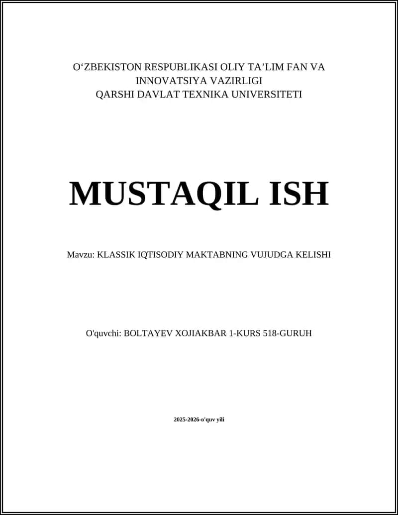 KLASSIK IQTISODIY MAKTABNING VUJUDGA KELISHI