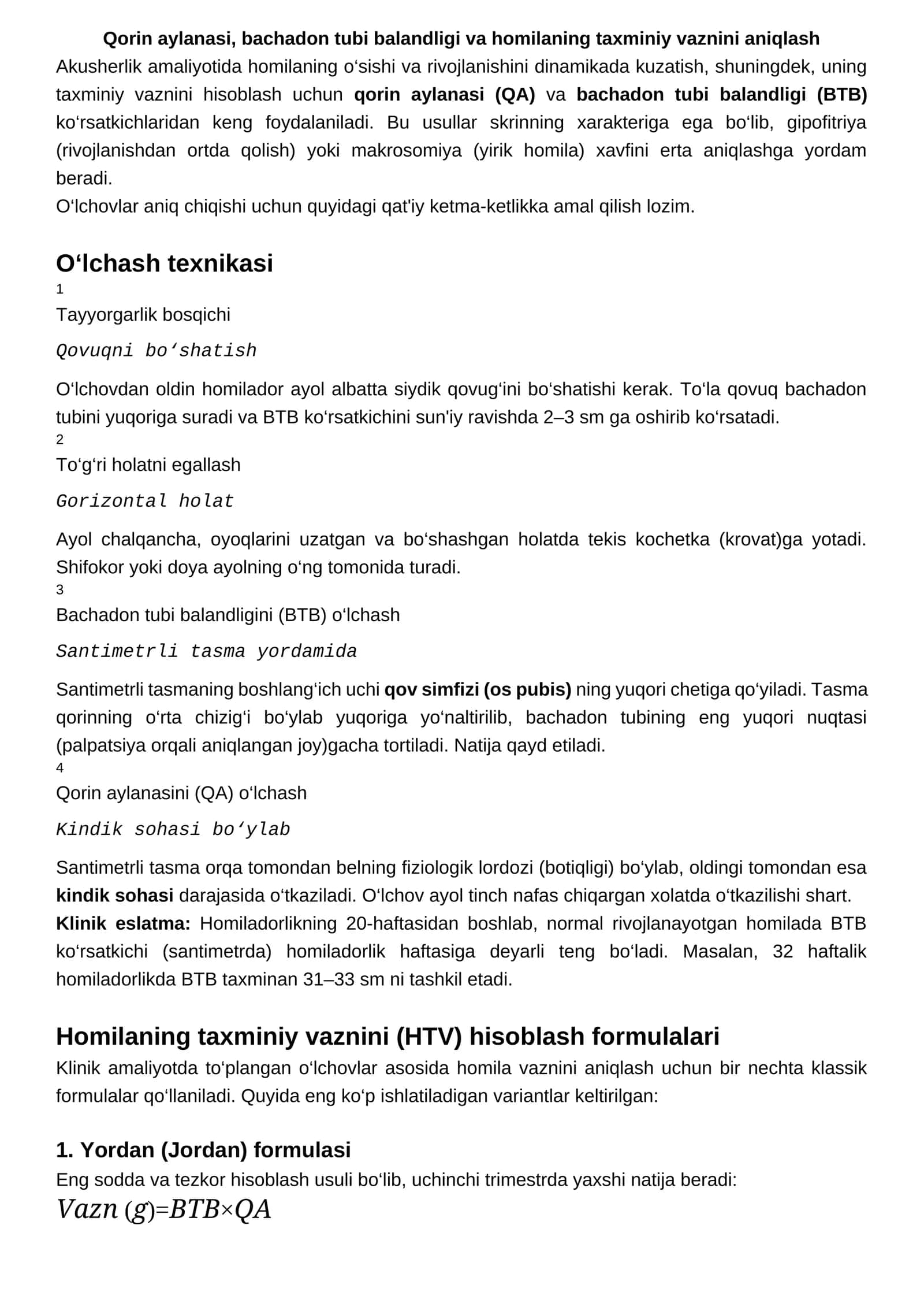Qorin aylanasi, bachadon tubi balandligi va homilaning taxminiy vaznini aniqlash