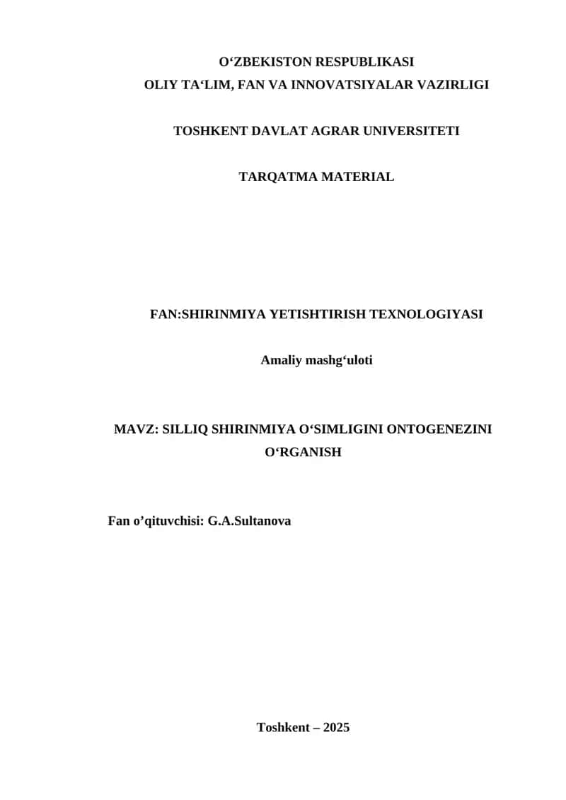 Silliq shirinmiya o‘simligini ontogenezini o‘rganish
