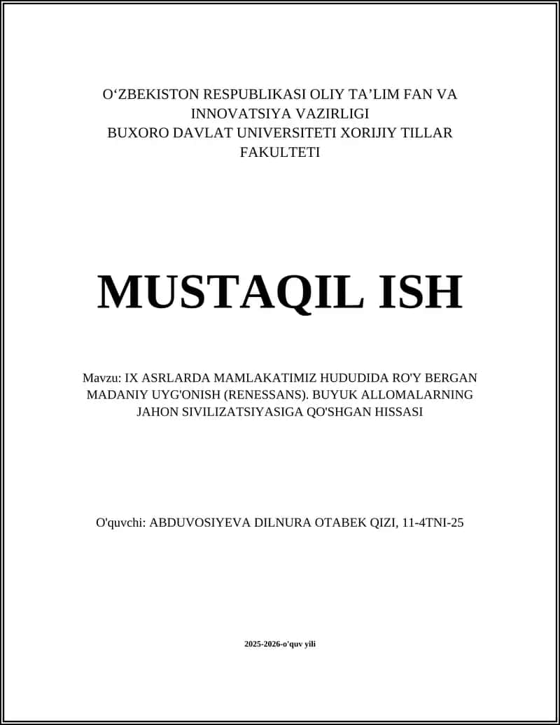 IX ASRLARDA MAMLAKATIMIZ HUDUDIDA RO'Y BERGAN MADANIY UYG'ONISH (RENESSANS)