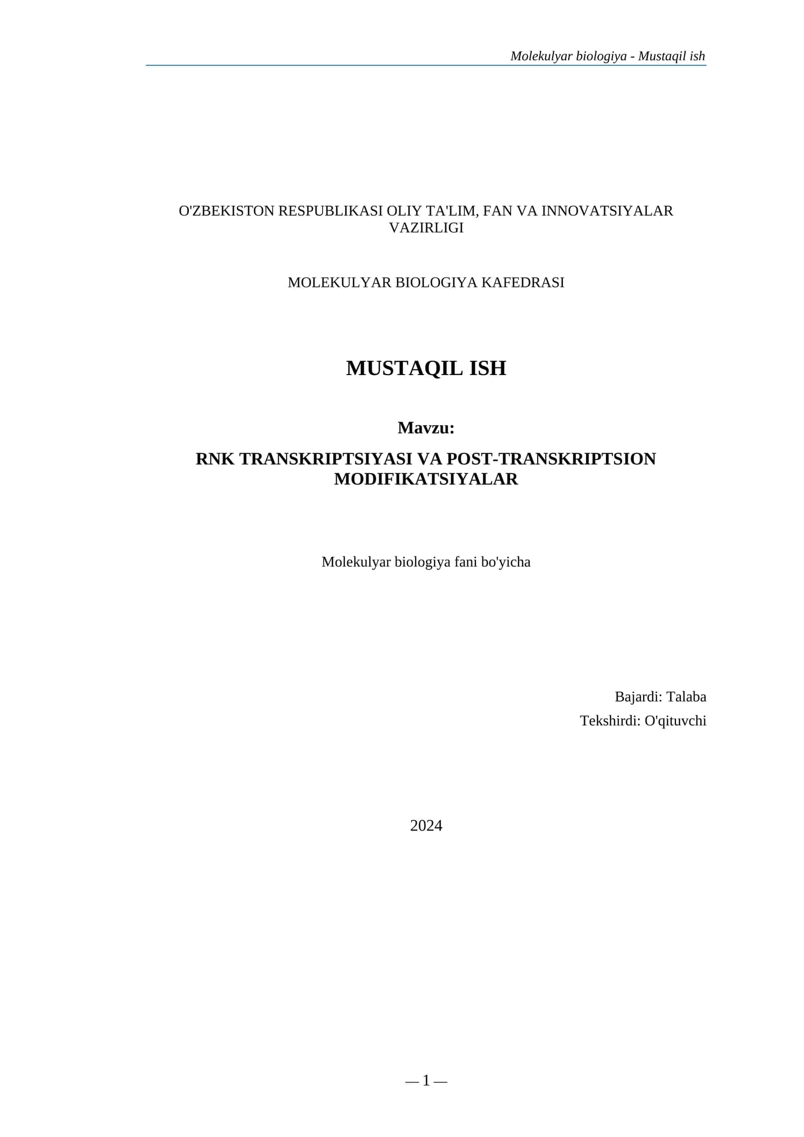 Molekulyar biologiya - Mustaqil ish
