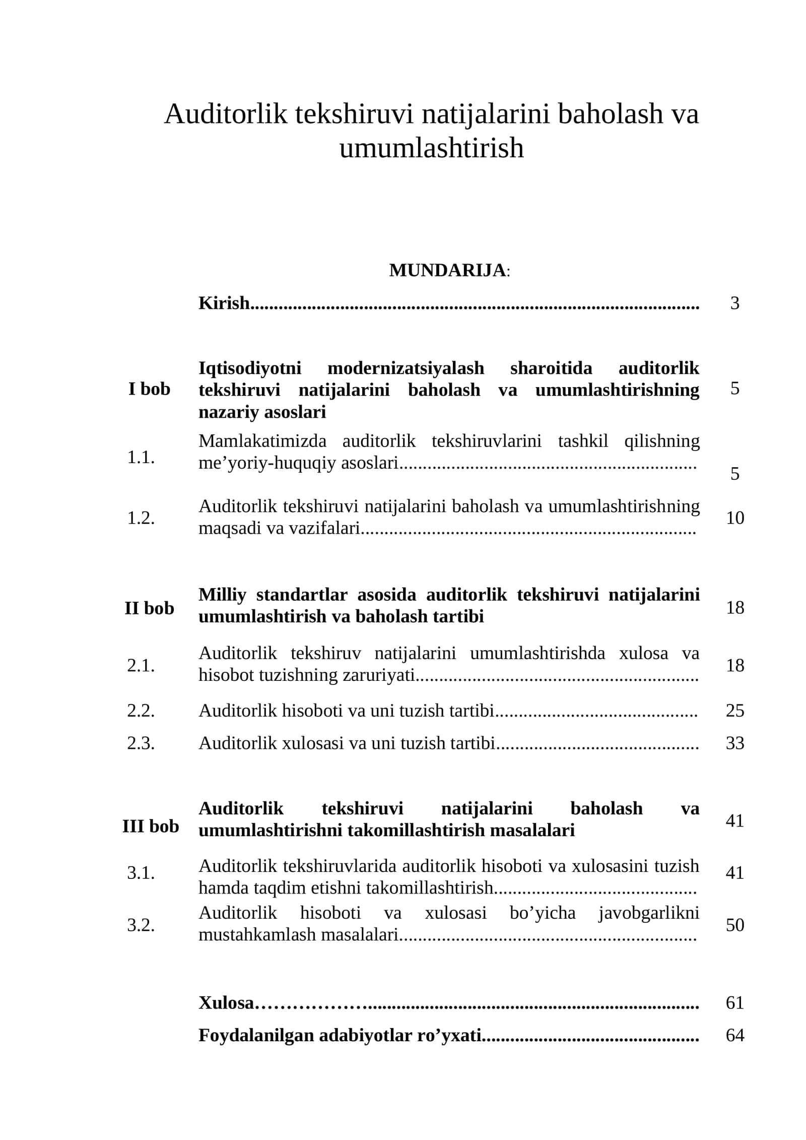 Auditorlik tekshiruvi natijalarini baholash va umumlashtirish