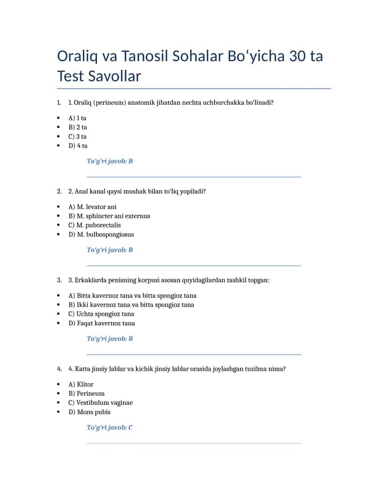 Oraliq va Tanosil Sohalar Bo‘yicha 30 ta Test Savollar