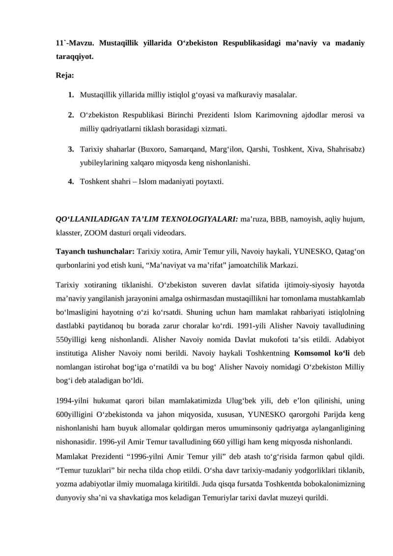Mustaqillik yillarida O‘zbekiston Respublikasidagi ma’naviy va madaniy taraqqiyot.