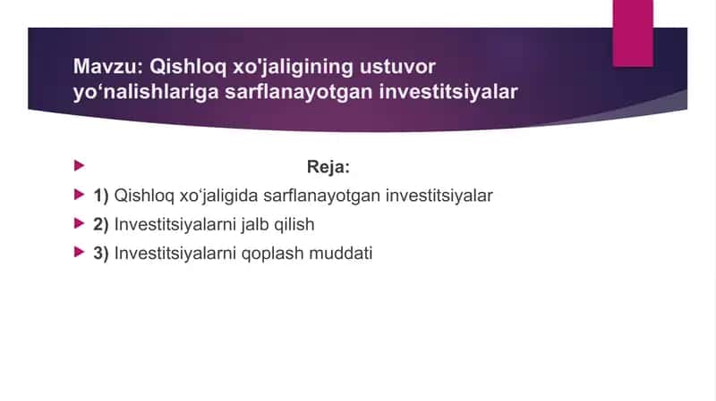 Qishloq xo'jaligining ustuvor yo‘nalishlariga sarflanayotgan investitsiyalar 2