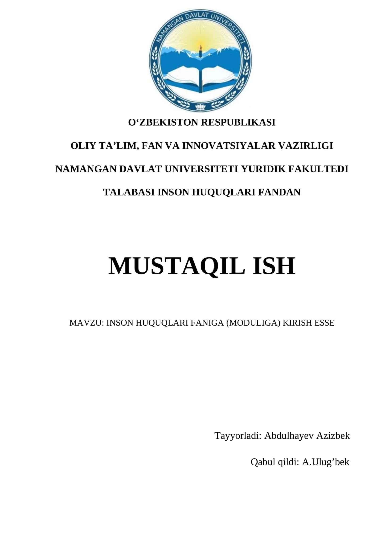 INSON HUQUQLARI FANIGA (MODULIGA) KIRISH ESSE