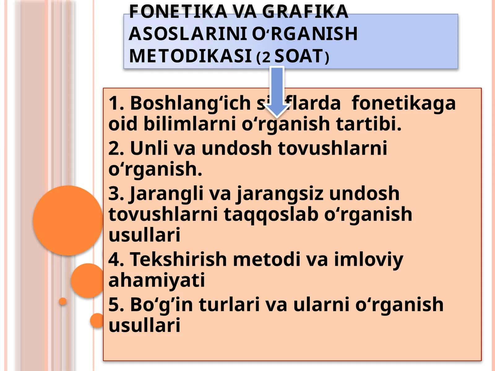 FONETIKA VA GRAFIKA ASOSLARINI OʻRGANISH METODIKASI (2 SOAT)