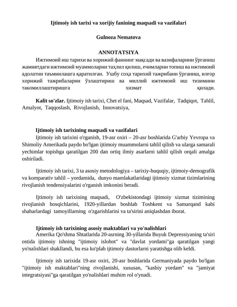 Ijtimoiy ish tarixi va xorijiy fanining maqsadi va vazifalari
