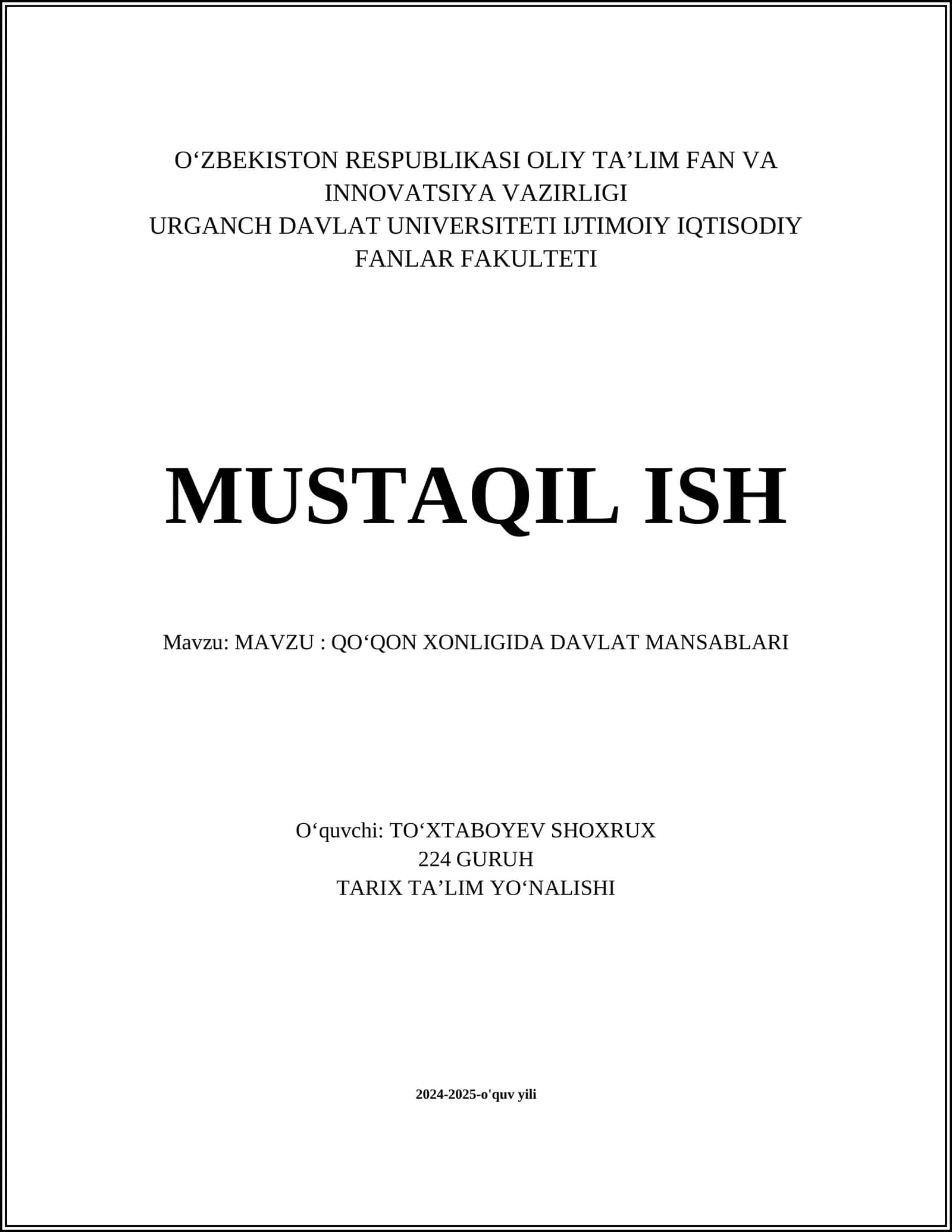 QOʻQON XONLIGIDA DAVLAT MANSABLARI