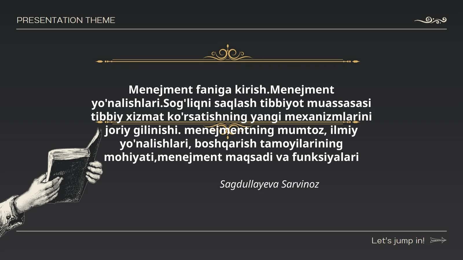 Menejment faniga kirish.Menejment yo'nalishlari.Sog'liqni saqlash tibbiyot muassasasi tibbiy xizmat ko'rsatishning yangi mexanizmlarini joriy gilinishi. menejmentning mumtoz, ilmiy yo'nalishlari, boshqarish tamoyilarining mohiyati,menejment maqsadi va funksiyalari