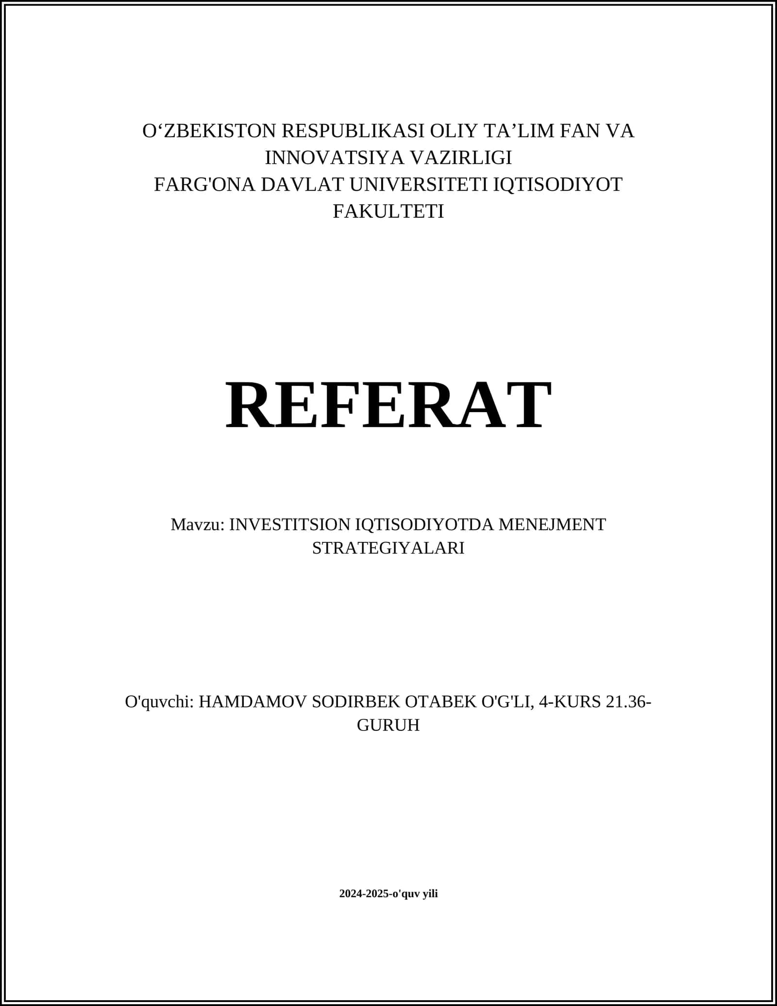 INVESTITSION IQTISODIYOTDA MENEJMENT STRATEGIYALARI