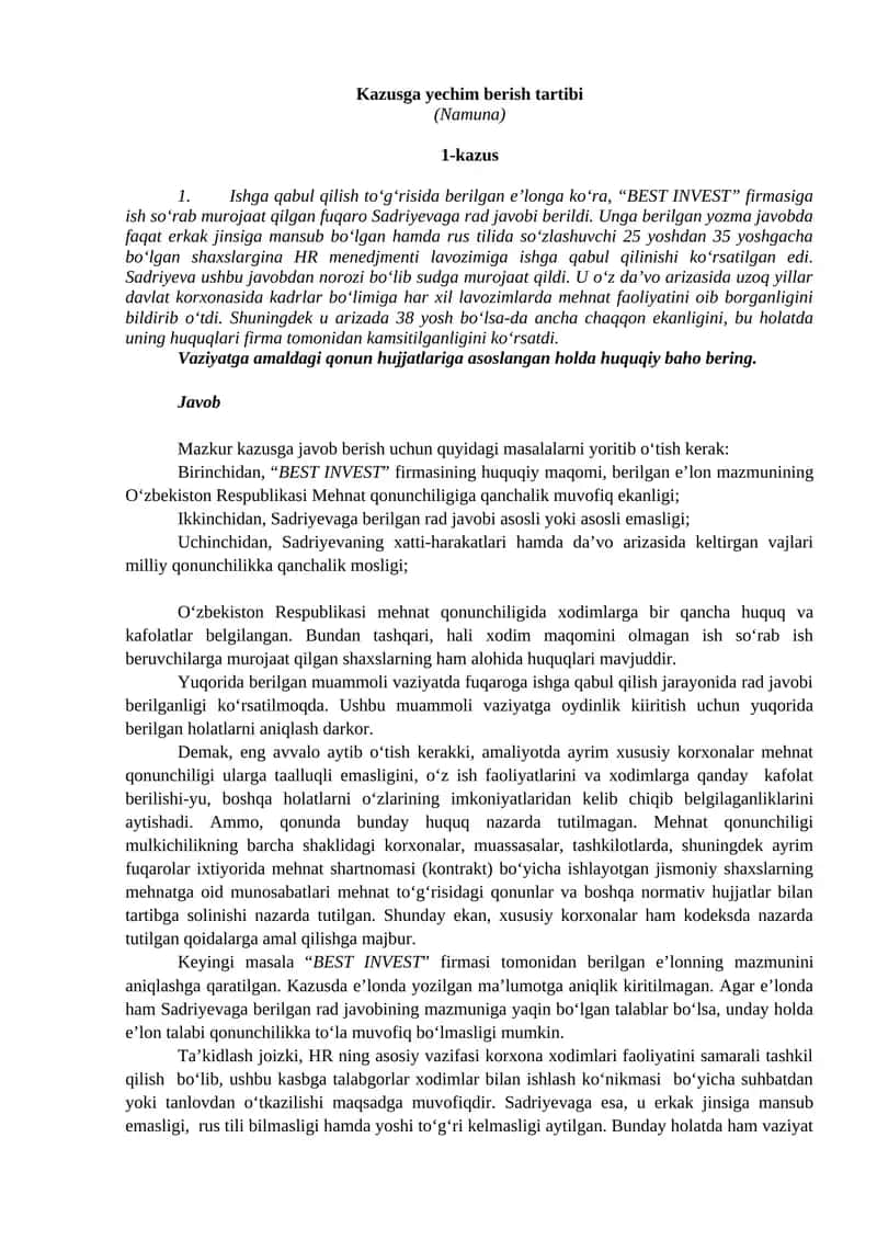 Kazusga yechim berish tartibi