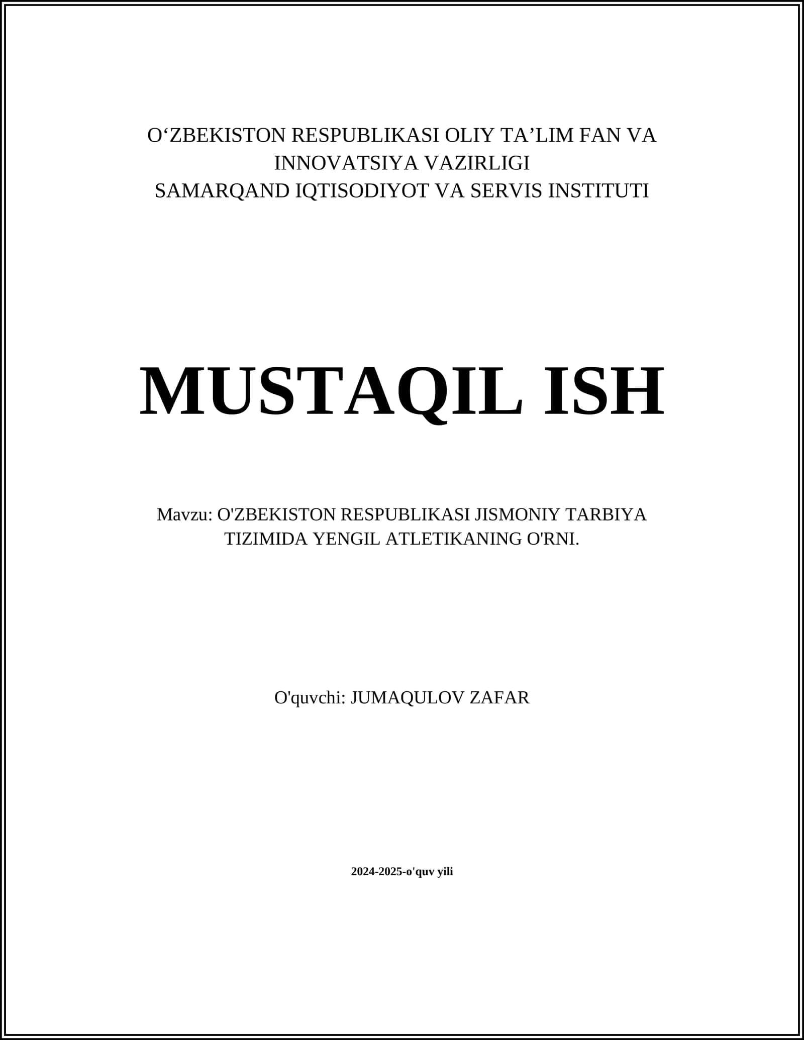 O'ZBEKISTON RESPUBLIKASI JISMONIY TARBIYA TIZIMIDA YENGIL ATLETIKANING O'RNI