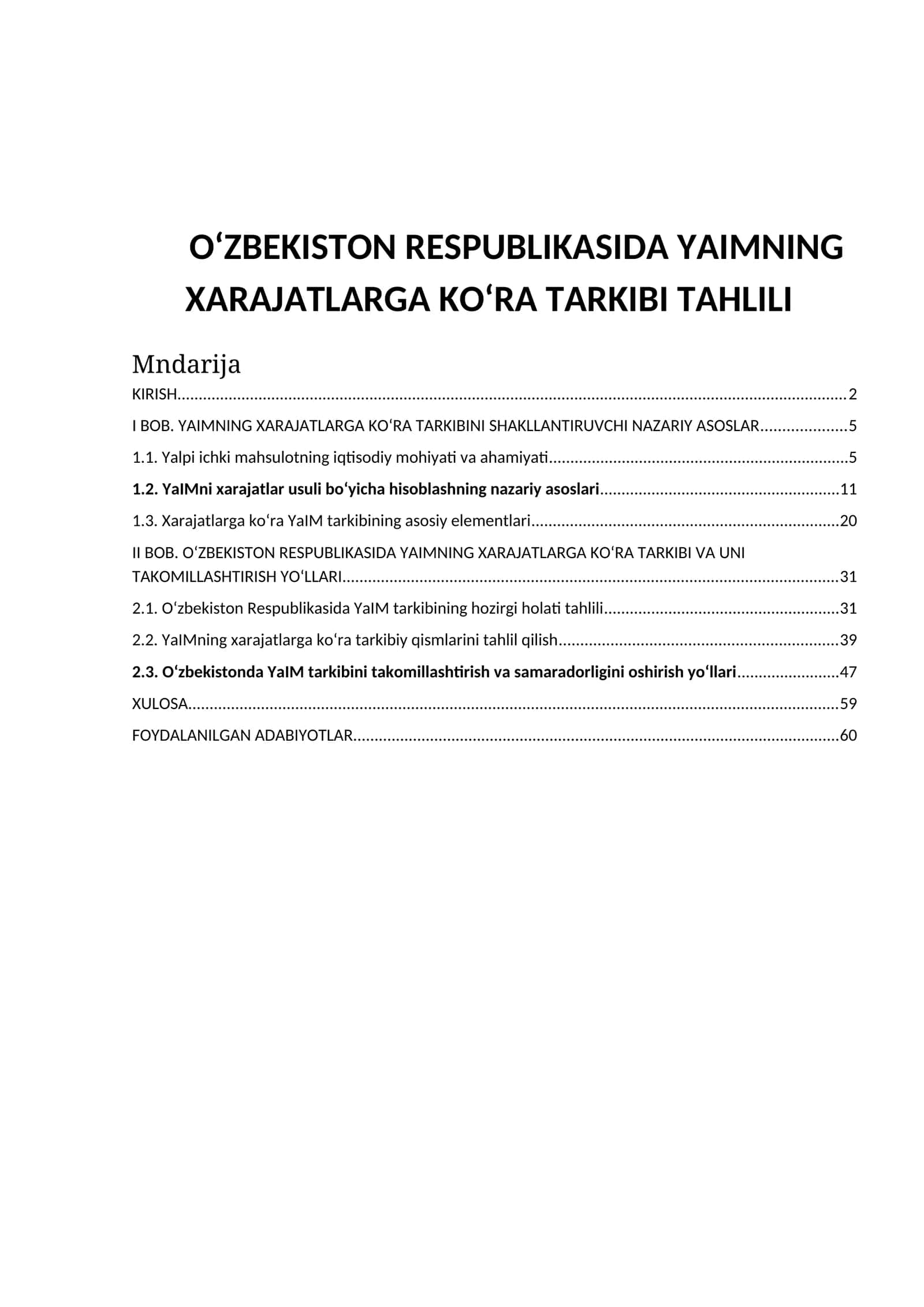 O‘ZBEKISTON RESPUBLIKASIDA YAIMNING XARAJATLARGA KO‘RA TARKIBI TAHLILI